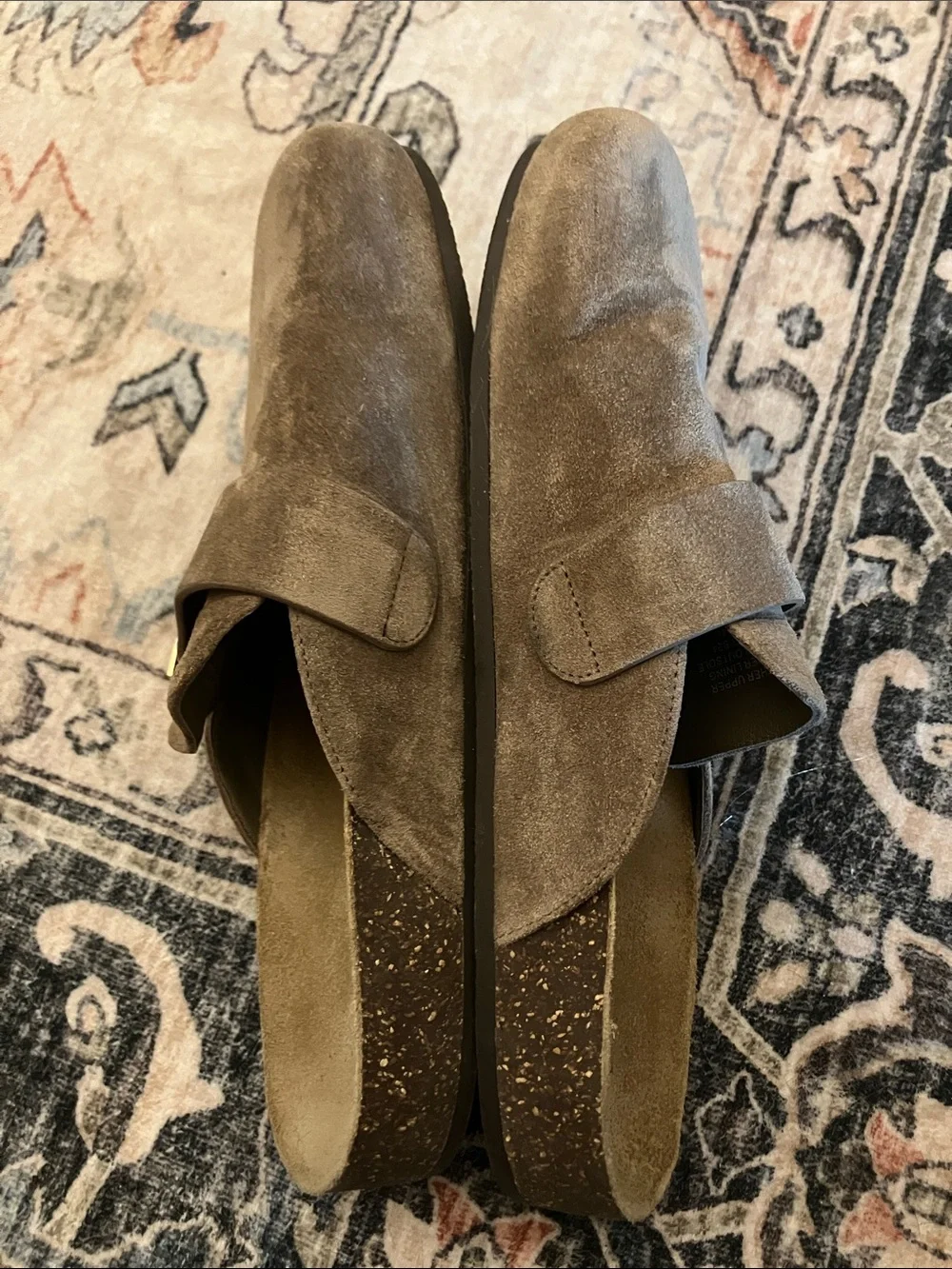 Tory Burch Taupe Suede Slide Mules with Gold Logo Accents